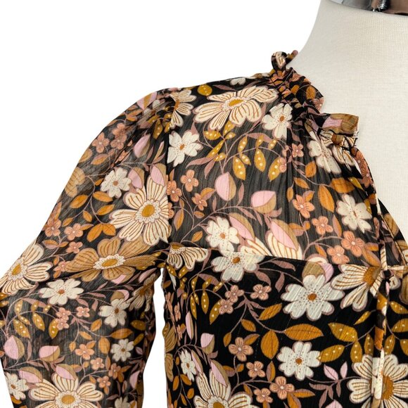 Monteau Floral Sheer Blouse With Metallic Details Half Sleeves Size Medium - Picture 3 of 10